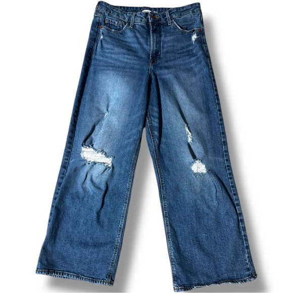 Old Navy Denim - Old Navy Dark Indigo Blue Denim Distressed Knees Ankle Length Wide-Leg Jeans